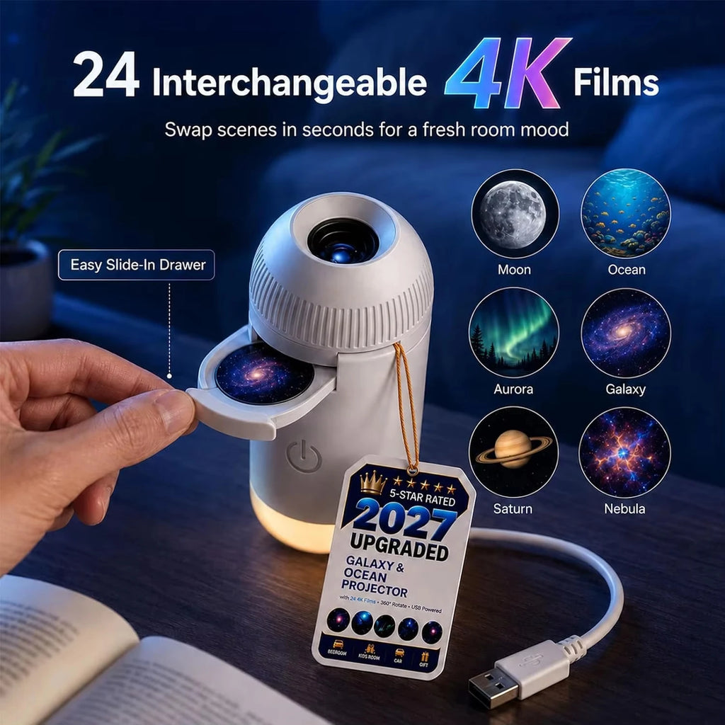Galaxy & Ocean Night Light Projector – 4K Planetarium Star Projector with 24 Interchangeable Film Discs